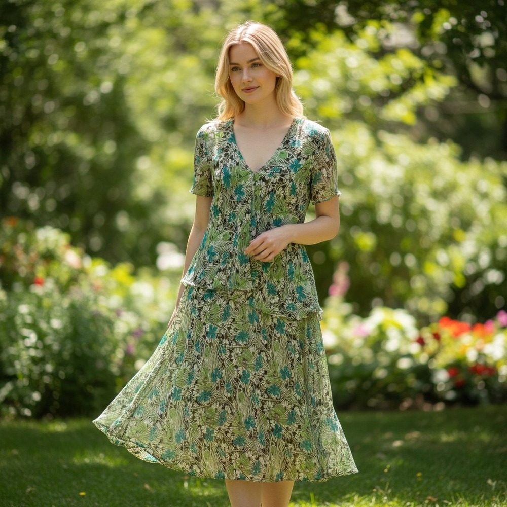 Vintage R&K Originals 90s Floral Midi Dress Size 14 Petite Green Turquoise Brown